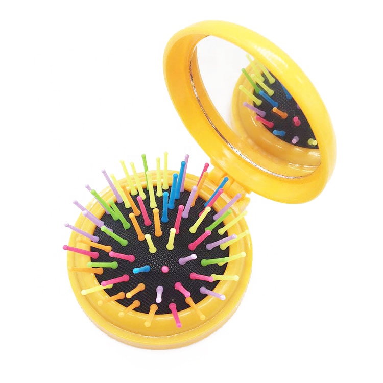 Promotional Colorful Foldable Plastic hair massage Brush Portable Travelling Round  Comb with Mirror